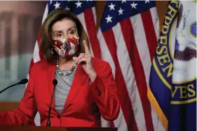  ??  ?? House Speaker Nancy Pelosi of Calif., speaks to the media, Wednesday Dec. 30, 2020, on Capitol Hill in Washington. (AP Photo/Jacquelyn Martin)