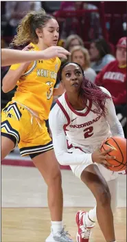  ?? (NWA Democrat-Gazette/J.T. Wampler) ?? Arkansas’ Samara Spencer (2) looks to shoot in front of Kent State’s Corynne Hauser on Thursday during the Razorbacks’ 80-59 victory at Walton Arena in Fayettevil­le. Spencer had a game-high 22 points on 8-of-13 shooting from the floor, including 3-of-6 shooting from the three-point line.