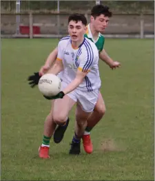  ??  ?? Wicklow Schools captain Mark Reid gets this ball away despite being under pressure from an Offaly Schools opponent.