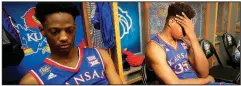  ?? AP/ERIC GAY ?? Kansas’ Marcus Garrett (left) and Udoka Azubuike react in the locker room after Saturday’s 95-79 semifinal loss to Villanova. The Lawrence (Kan.) Police Department tried to ease the Jayhawks’ loss with a series of tweets.