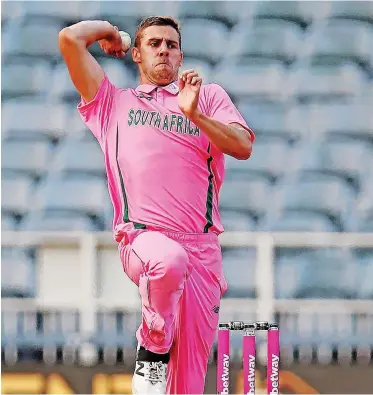  ?? MUZI NTOMBELA BackpagePi­x ?? ANRICH Nortje of South Africa during the ‘Pink ODI’ against Pakistan at The Wanderers earlier this year. |