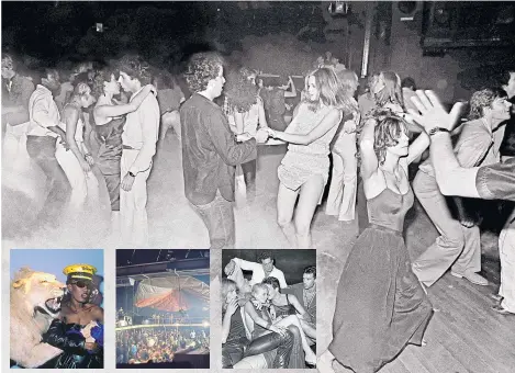  ??  ?? Xenon dance floor in New York and, inset from left, Grace Jones in the Big Apple, an evening at the Space Electronic in Florence in 1971 and clubbers on a sofa at Studio 54 in New York in 1979.