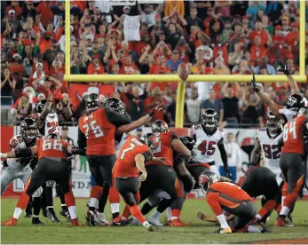  ?? AP PHOTO ?? Tampa Bay Buccaneers kicker Patrick Murray (7) misses a game tying field goal against the Atlanta Falcons as time expired during a game on Monday in Tampa, Fla. Atlanta won 24-21.