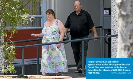  ?? DAVID UNWIN/STUFF ?? Paula Forward, at an earlier appearance at the Whanganui District Court. She was sentenced to home detention for stealing $20,000 from a rest home.