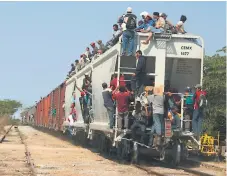  ??  ?? PASO. Inmigrante­s subidos en el tren llamado la Bestia, del cual caen muchos y sufren accidentes.