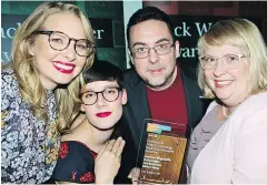  ??  ?? CBC sound producer Lee Rosevere celebrated with colleagues Johanna Wagstaffe, Polly Leger and Shiral Tobin with one of the three Webster Awards he won and will take to his new home in Charlottet­own, P.E.I.