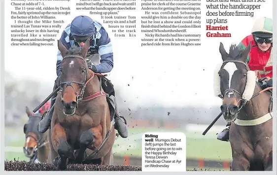  ??  ?? Riding well Mumgos Debut ( left) jumps the last before going on to win the Happy Birthday Teresa Dewan Handicap Chase at Ayr on Wednesday