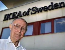  ?? CLAUDIO BRESCIANI — TT VIA AP ?? Ingvar Kamprad, founder of Swedish multinatio­nal furniture retailer IKEA, stands outside the company’s head office in Almhult, Sweden. IKEA confirmed Sunday Ingvar Kamprad, the IKEA founder who created a global furniture empire, has died at 91.