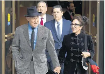 ?? MANUEL BALCE CENETA/AP ?? Roger Stone, of Fort Lauderdale, with his wife Nydia Stone, right, leave federal court Washington on Tuesday.