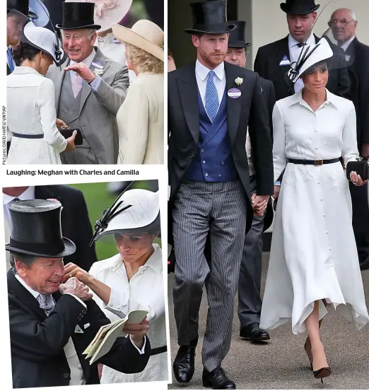  ??  ?? Laughing: Meghan with Charles and Camilla Caring: She helps royal racing adviser John Warren Stunning: The Duke and Duchess of Sussex at Royal Ascot yesterday