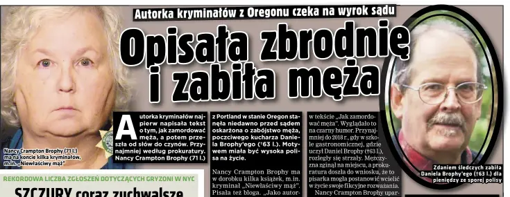  ?? ?? Nancy Crampton Brophy (71 l.) ma na koncie kilka kryminałów, m.in. „Niewłaściw­y mąż”
Zdaniem śledczych zabiła Daniela Brophy’ego (†63 l.) dla pieniędzy ze sporej polisy