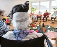  ?? Foto: Ingo Wagner, dpa ?? Zu manchen Teilnehmer­n finden die Tiere besonders schnell Vertrauen. Dieses Huhn hat es sich auf Kopf einer alten Dame bequem gemacht.