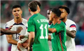  ?? Thursday night. Photograph: Louis Grasse/Getty Images ?? Weston McKennie and Santiago Giminez scuffle in the first half at Allegiant Stadium on
