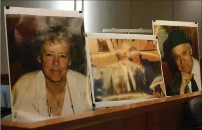  ?? PHOTOS BY WILL DENNER — ENTERPRISE-RECORD ?? Photos of Chico couple Katherine Chiapella, left, and William Chiapella, right, and the two together at a St. Patrick’s Day gathering, are displayed in the jury box Friday inside a Placer County Superior Courtroom in Roseville.