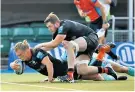  ??  ?? Star role: Tom Woolstencr­oft of Saracens notches the second try of his hat-trick