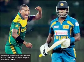  ??  ?? Tsotsobe celebrates the wicket of Sri Lankan skipper Angelo Mathews. AFP