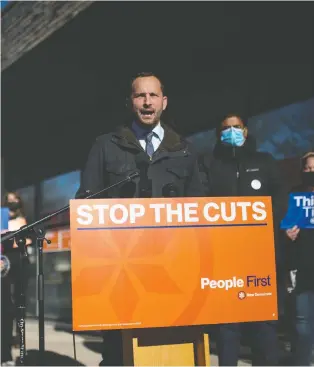  ?? BRANDON HARDER ?? Provincial NDP Leader Ryan Meili, seen Friday at a news conference held on Avonhurst Drive in Regina on Friday, says that a Saskatchew­an Party government would result in more cuts to critical services.