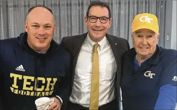  ?? FROM TODD STANSBURY’S TWITTER ACCOUNT ?? Tech coach Geoff Collins (left), AD Todd Stansbury and Pepper Rodgers in November 2019. Stansbury said in a statement that he was “devastated” to learn of Rodgers’ death.