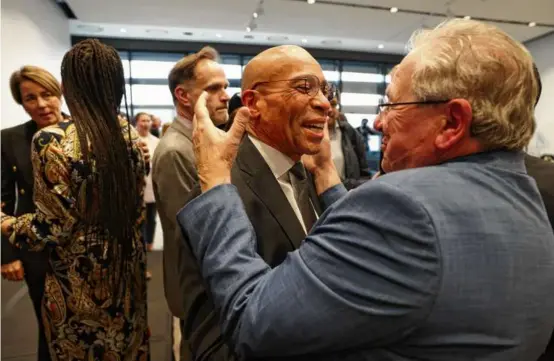  ?? JESSICA RINALDI/GLOBE STAFF ?? Former governor Deval Patrick greeted former House speaker Robert DeLeo at the event for Michael Dukakis.