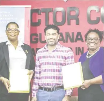  ?? ?? From left: Executive Director of THAG Oslyn Kirton, President of THAG Harrinand Persaud, and BCSI Executive Director Michelle Smith-Mayers at the signing on Thursday