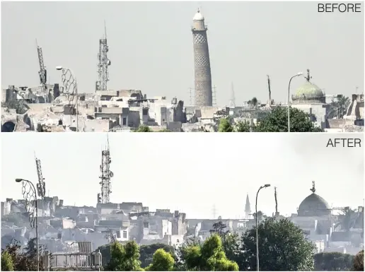  ??  ?? A combinatio­n of photos shows (top) a picture taken on June 20 of Mosul’s leaning Al-Hadba minaret and (above) a picture taken on June 22 of Mosul’s skyline missing its trademark minaret the day after it was blown up by Daesh fighters. (AFP)