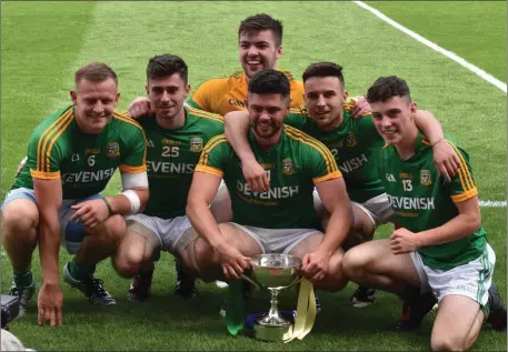  ??  ?? St Colmcille’s had six representa­tives on the Meath Leinster JFC- winning squad and they are pictured with the cup after the match, (left to right): Joe Sweeney, Jamie McDonald, Jordan Brown (back), Ben Brennan, Adam Lynch and James Conlon.