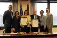  ?? SUBMITTED PHOTO ?? From left, Commission­er Ken Lawrence Jr., Commission­er Val Arkoosh, Chief of the Public Defender’s Trial Unit Carol Sweeney, Montgomery County Public Defender; Chief Public Defender Dean Beer, Deputy Chief Public Defender Keisha Hudson, and...