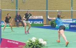  ?? Picture: Steven Brown. ?? Basia Grodynska, left, and Rachel Sugden face a shot from Eleanor O’Donnell in the semi-final yesterday.