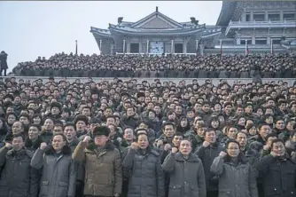  ?? Kim Wong-Jin/AFP/Getty Images ?? Participan­ts gesture during a mass demonstrat­ion in support of a new year address made by North Korean leader Kim Jong-Un on Thursday in Pyongyang.