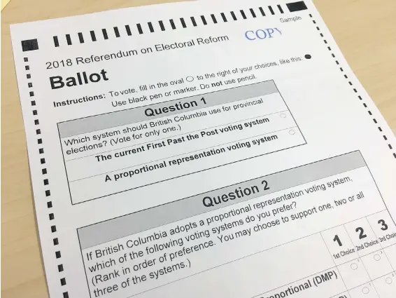  ??  ?? A sample ballot for the British Columbia electoral-reform referendum.