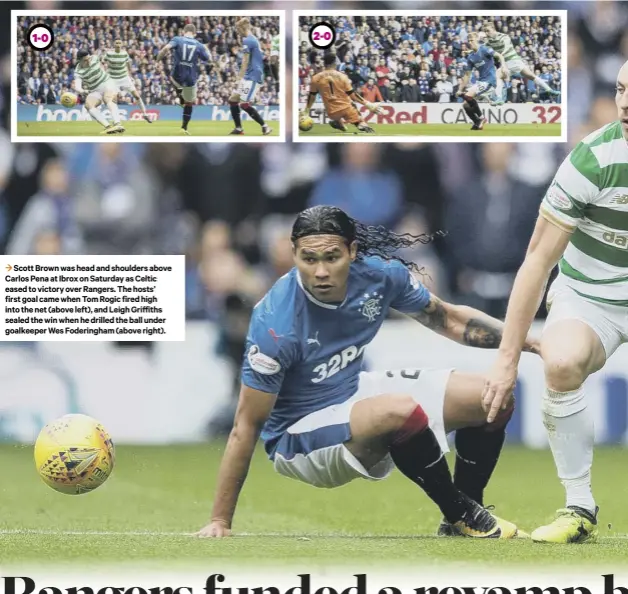  ??  ?? 3 Scott Brown was head and shoulders above Carlos Pena at Ibrox on Saturday as Celtic eased to victory over Rangers. The hosts’ first goal came when Tom Rogic fired high into the net (above left), and Leigh Griffiths sealed the win when he drilled the...