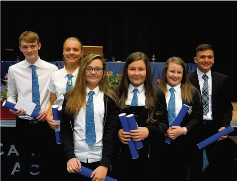  ??  ?? Calderside Academy pupil award winners James Row – S4 Citizenshi­p; Wiktoria Patras – S3 Citizenshi­p; Sophie Hailstones – S1 Citizenshi­p; Ebony Clelland – S2 Citizenshi­p; Rachel Shaw – S2 Citizenshi­p; Akis Androutsos – S5 Citizenshi­p