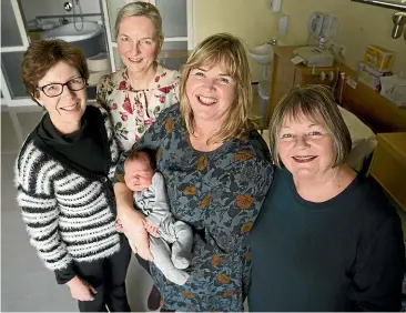  ?? CHRISTEL YARDLEY/STUFF ?? Waikato DHB midwife Karen Barnes, left, community midwives Christina Campbell and Lara Evans with baby Cade Hammond-Tutty and supporter Janet Macklin, right, are hosting a high tea to support midwifery care in Ethiopia.