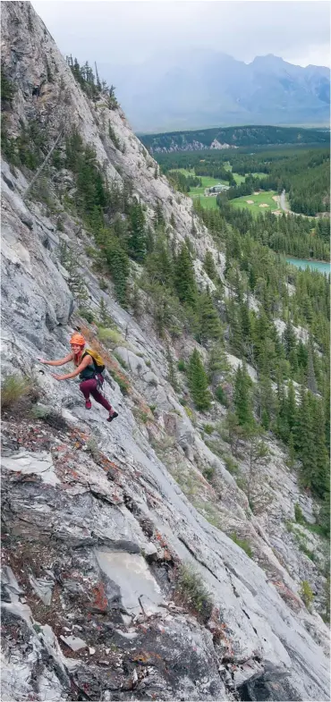  ??  ?? Right: Alyssa Acchione on Where’s My Remote Opposite top: John and Linda Reeves climb MacLab Slab Opposite bottom: North Ridge of Rundle 10/11 2019