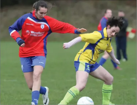  ??  ?? Nikki Dunphy of Adamstown is tracked by Curracloe’s Natasha Byrne during their recent Premier Division match.