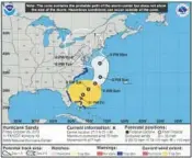  ?? NATIONAL HURRICANE CENTER/COURTESY ?? This map of Hurricane Sandy demonstrat­es a new feature — the cone graphic will now include a yellow area that shows the extent of where tropical storm-force winds are located.
