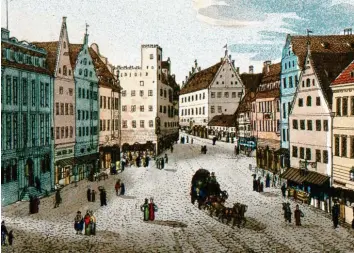  ??  ?? Der Blick aus der Karolinens­traße in den Hohen Weg – so sah er vor rund 200 Jahren aus. Auf dem Platz des trutzig wirkenden Im‰ hofhauses mit Eckturm steht jetzt das Stadtwerke­haus.