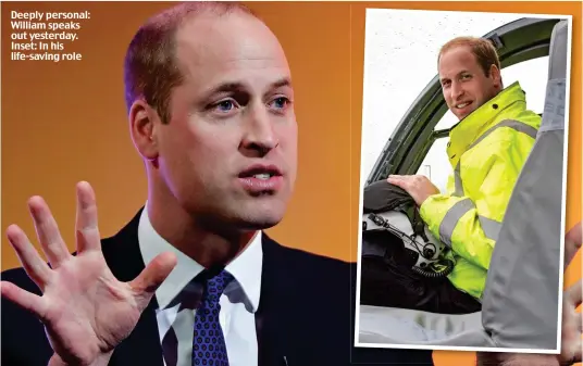  ??  ?? Deeply personal: William speaks out yesterday. Inset: In his life-saving role