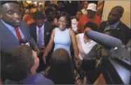  ?? Erik Trautmann / Hearst Connecticu­t Media ?? Jahana Hayes, celebrates her Democratic primary win for the 5th District on Tuesday in Waterbury.