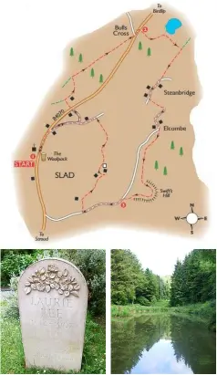  ??  ?? Clockwise from below: Slad Valley; the Woolpack; a pond in Slad Valley; Laurie Lee’s final resting place. Photos by Nigel Vile