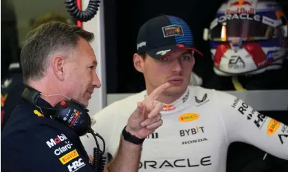  ?? ?? Christian Horner (left) speaks with Red Bull’s Max Verstappen during practice in Bahrain. Photograph: Darko Bandić/AP