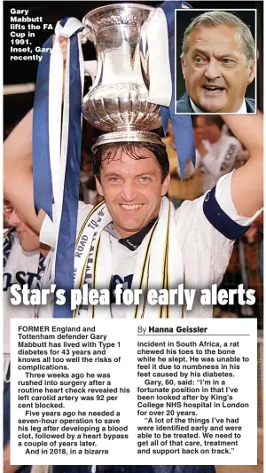  ?? Pictures: GETTY ?? Gary Mabbutt lifts the FA Cup in 1991. Inset, Gary recently