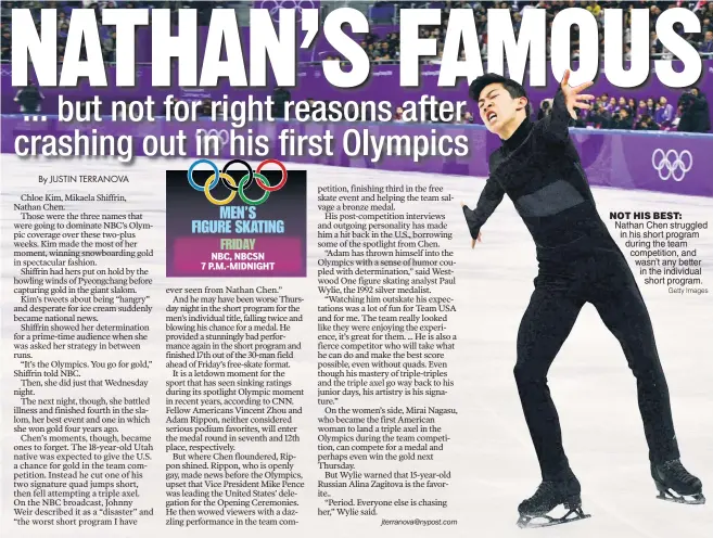  ?? Getty Images ?? NOT HIS BEST: Nathan Chen struggled in his short program during the team competitio­n, and wasn’t any better in the individual short program.