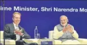  ?? VIPIN KUMAR/HT ?? ▪ Prime Minister Narendra Modi with World Economic Forum (WEF) president Borge Brenda during the launch of the Centre for the Fourth Industrial Revolution in New Delhi, Thursday.