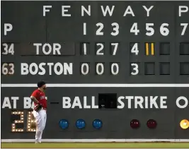  ?? MICHAEL DWYER – THE ASSOCIATED PRESS ?? Red Sox left fielder Alex Verdugo looks at the Fenway Park scoreboard during the Blue Jays’ 11-run fifth inning on Friday night. Toronto added two runs in the sixth and one in the ninth.