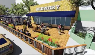  ?? CONTRIBUTE­D ?? An artist’s rendering of how the front of West Palm Beach Brewery and Wine Vault will look after its sidewalk is turned into a wooden deck with a pergola for shade and seating for patrons.