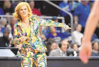  ?? HANS PENNINK / ASSOCIATED PRESS ?? LSU coach Kim Mulkey reacts during Saturday’s NCAA Tournament Sweet 16 game against UCLA in Albany, N.Y.