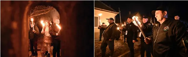  ?? — AFP photo by Attila Kisbenedek ?? Members and sympathise­rs of the Hungarian far-right parliament­ary party, ‘Our Homeland Movement’ take part in a torchlight procession in front of the children’s home in Bicske, Hungary, following a child sexual abuse case.