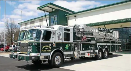  ??  ?? Limerick Fire Company’s newly acquired $1.2 million 2018 E-One 95-foot tower ladder, a multi-functional apparatus capable of both firefighti­ng and rescue operations.