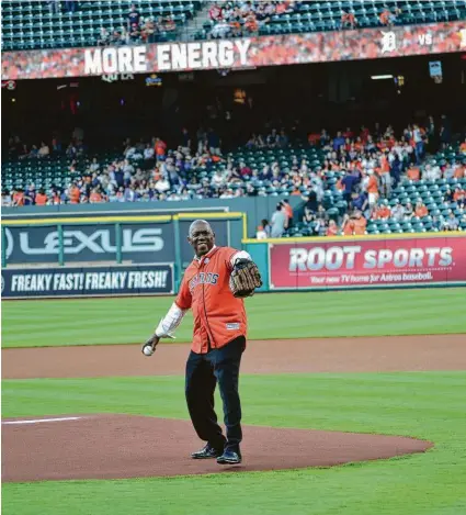  ?? Staff file photo ?? Mayor Sylvester Turner throws out the first pitch at Minute Maid Park on Jackie Robinson Day in 2016. Before his election as mayor, Turner served for 27 years in the Texas House.